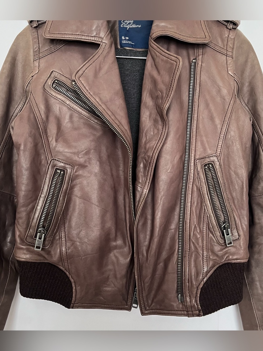 American Eagle Genuine Leather Bomber Jacket Elbow Patches Military Size Small - Picture 4 of 16